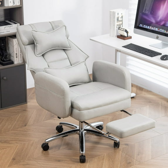 Swivel Executive Office Chair, 400LBS Big and Tall Desk Chair with Foot Rest and 24.7" Wide Seat, Leather Computer Chair with Reclining Function and Lumbar Support, Grey
