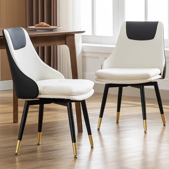 Swivel Faux Leather Dining Chairs Set of 2 Modern Upholstered Kitchen Dining Room Chairs Side Chair with Metal Legs for Home Kitchen Office, White
