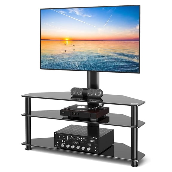 Swivel Floor TV Stand with Table for 32-70 Inch TVs, Universal Height Adjustable TV Floor Stand with Large Storage Shelves, Strong Corner TV Stand Mount Holds up to 88lbs, Black