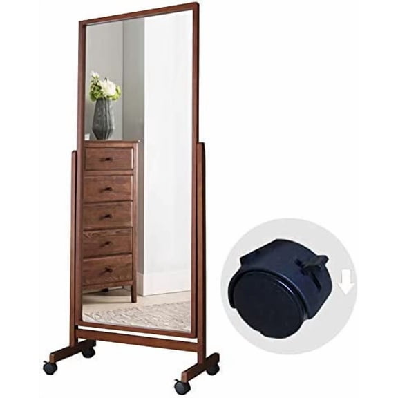 Swivel Full Length Mirror on Wheels 65"x22", Free Standing Wood Frame Cheval Floor Mirror for Dressing, Full Body with Stands, Tilt Angle Adjustable, Brown