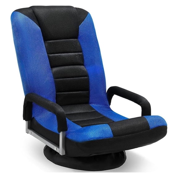 Swivel Gaming Floor Chair - Enjoy 6 Different Positions, Adjustable Lumbar Support, Removable Polyester Cover & Arm Rests, Folds to Store, Stylish Blue with Black Center Stripe