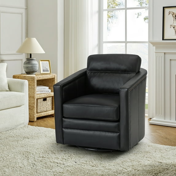 Swivel Genuine Leather Accent Chair Wooden Upholstery Armchair Home Theater Seating Metal Base Living Room Black