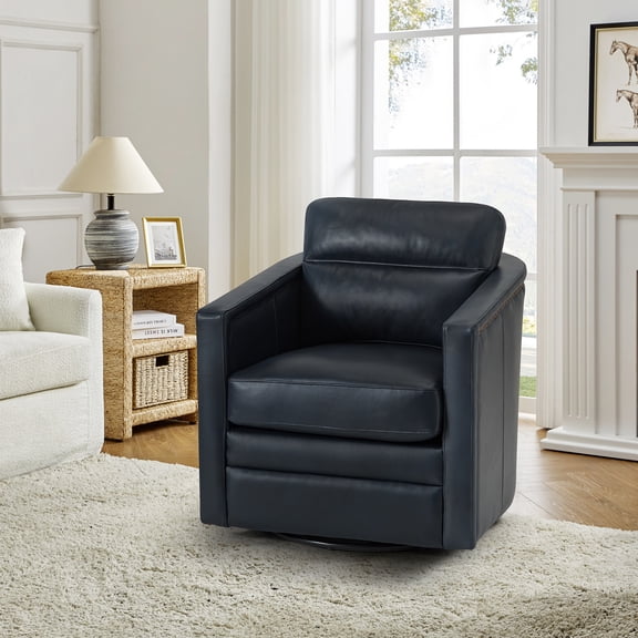 Swivel Genuine Leather Accent Chair Wooden Upholstery Armchair Home Theater Seating Metal Base Living Room Navy