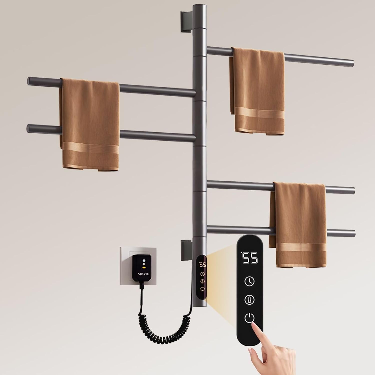 Electric Towel Warmer 180° Rotation Electric Heated Towel Racks 並行輸入品 Swivel Heated Towel Warmer Rack, Wall Mounted Electric Towel Warmer Rack, 5  Bars 180° Swivelable Towel Dryer with LED Timer and Temperature Control