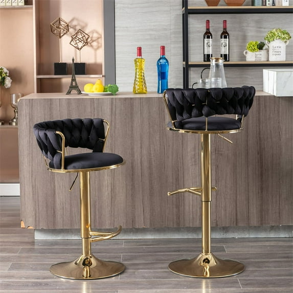 Swivel Height Adjustable Bar Stools Set of 2, Simple Velvet Bar Stools with Low Back and Gold Base, Counter Height Bar Chairs Luxury Gold Bar Stools for Kitchen Island, Pub and Dining Room, Black