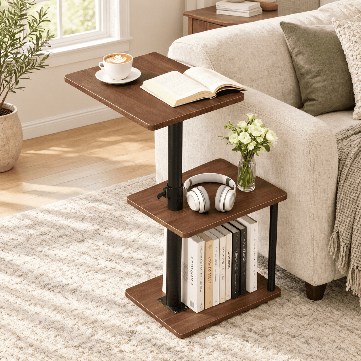 Swivel Height Adjustable C-Shaped End Table, Walnut Standard, 3-Tier ...