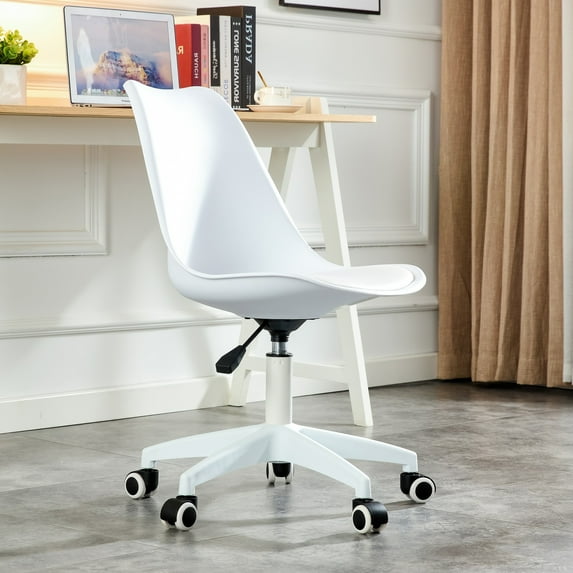 Swivel Home Office Chair, Adjustable Height Computer Desk Chair with Wheels, 360 °Swivel Plastic Armless Task Chair Waterproof Dining Chair for Living Room Bedroom Office Hotel, White