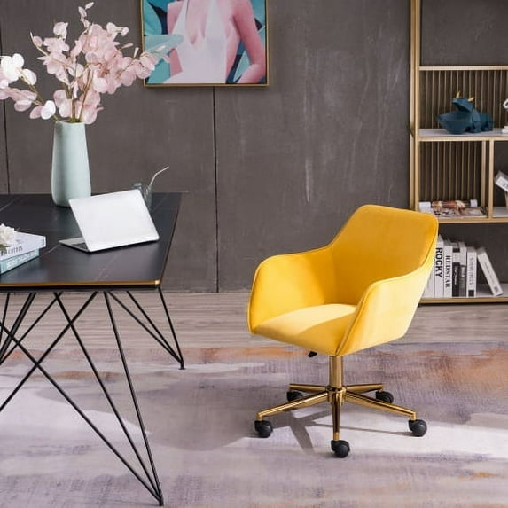 Swivel Home Office Chair, Modern Velvet Fabric Adjustable Height 360 revolving Accent Armchair with Gold Metal Legs and Universal Wheels, Desk Chair for Living Room Bedroom Office, Yellow
