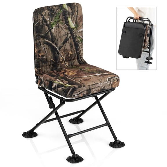 Swivel Hunting Chair, 330 LBS Capacity Folding Ground Blind Stool with Oversized Duck Feet, Silent Waterproof Camo Cushion for Outdoor Deer Hunting Camping, Brown