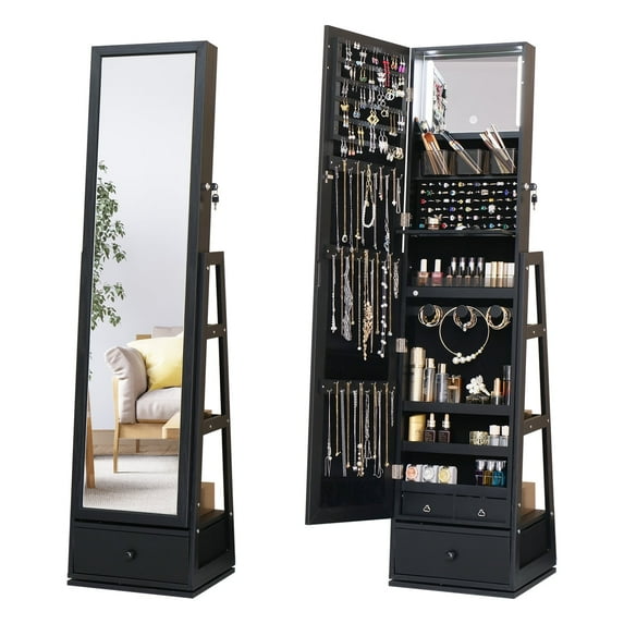 Swivel Jewelry Cabinet with Lights,Touch Screen Vanity Mirror Standing Mirror Jewelry Armoire with Full Length Mirror and Organized Storage Black