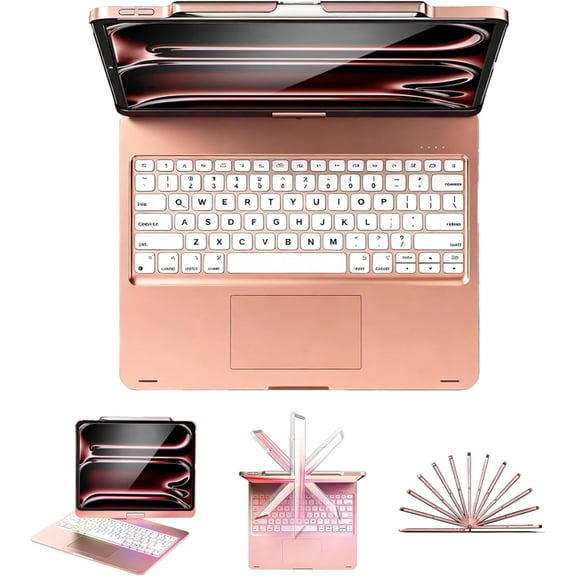 Swivel Keyboard Case for iPad pro 13 Case with Keyboard Trackpad,Rainbow Backlit (Pink)