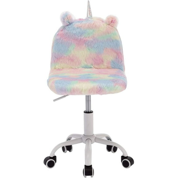 Cute Fuzzy Kids Chair Funny Rolling Study Desk Chair Colorful Girls Vanity Swivel Chair with White Foot