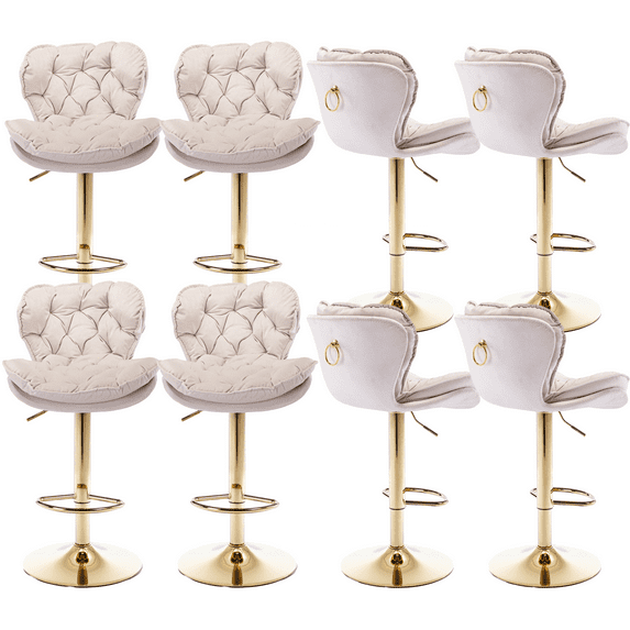 Swivel Kitchen High Bar Chairs with Golden Base Velvet Bar Stool Chair Height Adjustable Counter Chair with Back Swivel Barstool with Footrest for Kitchen Dining Room (Set of 8)