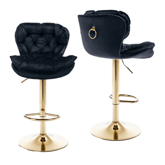 Swivel Kitchen High Bar Chairs with Golden Base Velvet Bar Stool Chair Height Adjustable Counter Chair with Back Swivel Barstool with Footrest for Kitchen Dining Room (Set of 2)