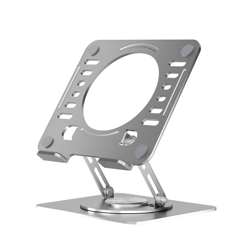 Swivel Laptop Stand for Desk – Adjustable Laptop Riser with 360° Rotation, Height & Tilt, Vented Metal Cooling Panel, Portable Folding Stand (Silver)