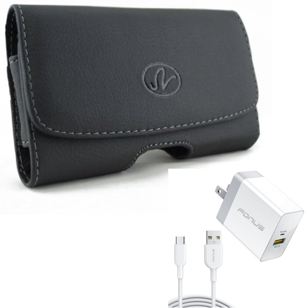 Swivel Leather Case Belt Clip w 6ft Long Cable Fast Type-C 36W PD Home Charger for Motorola Moto G Power (2020) - Nokia 3.1 - OnePlus 7T, 6T, 8, 6, 9, 8T Plus, 5G UW - Razer Phone 2