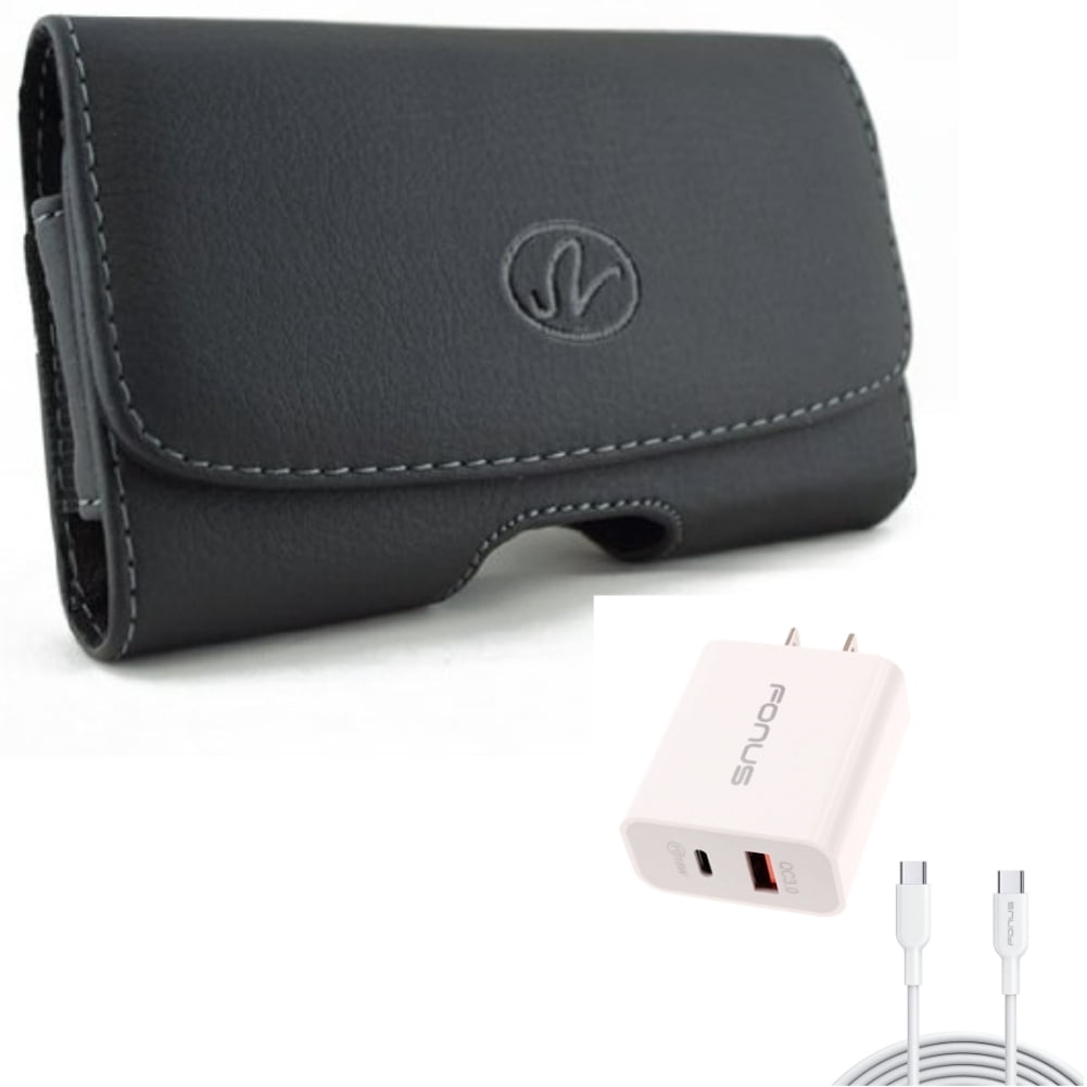 Swivel Leather Case Belt Clip w 6ft Long Cable Fast Type-C 36W PD Home Charger for Motorola Moto G Power (2020) - Nokia 3.1 - OnePlus 7T, 6T, 8, 6, 9, 8T Plus, 5G UW - Razer Phone 2