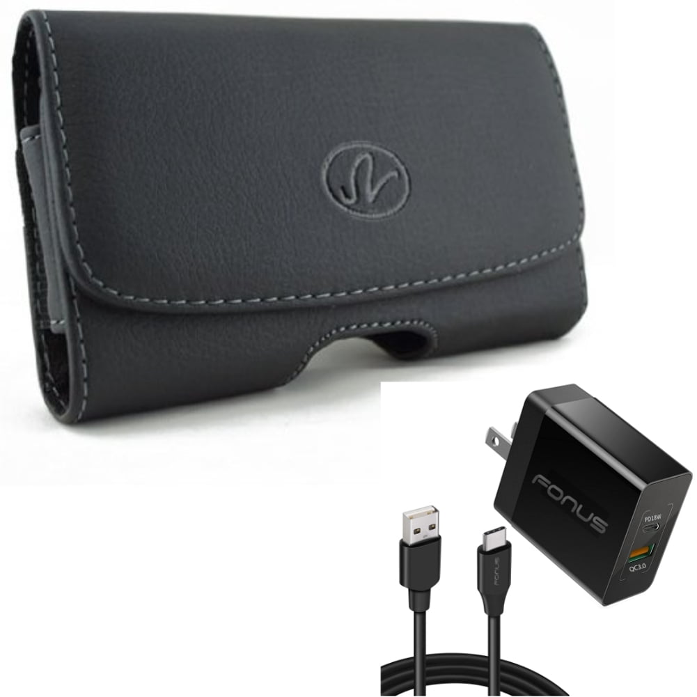Swivel Leather Case Belt Clip w 6ft Long Cable Fast Type-C 36W PD Home Charger for Motorola Moto G Power (2020) - Nokia 3.1 - OnePlus 7T, 6T, 8, 6, 9, 8T Plus, 5G UW - Razer Phone 2