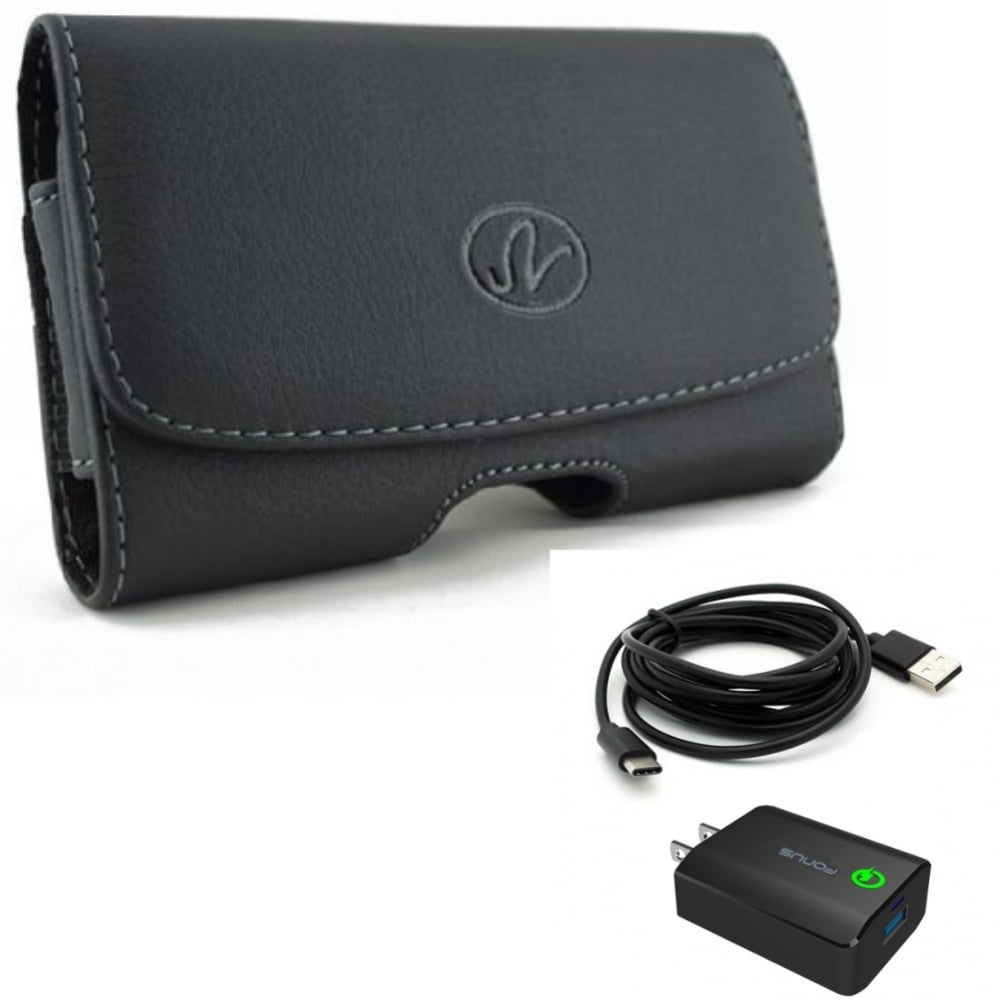 Swivel Leather Case Belt Clip w 6ft USB Cable 18W Fast Home Charger for Motorola Moto Z Force Droid, Revvlry Plus, Edge Plus, G7 G6 G Stylus Power (2020) - Nokia 3.1 - OnePlus 7T, 6T, 8, 6, 9