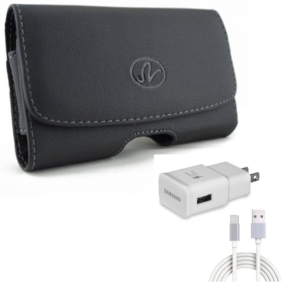 Swivel Leather Case Belt Clip w 6ft USB Cable Type-C Fast Home Charger for Samsung Galaxy A52 5G A51 5G A50 A33 5G A30s A20 - Sony Xperia 5 - T-Mobile REVVL 4 - TCL 10L, 10 Pro - Wiko Ride 3