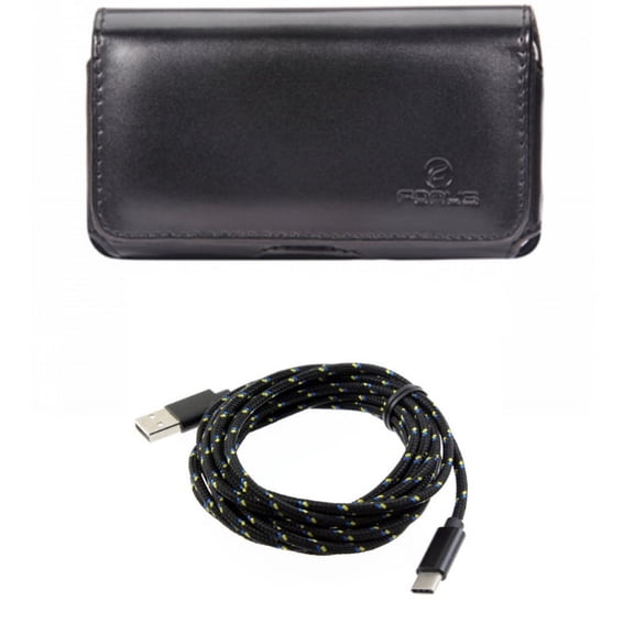 Swivel Leather Case Belt Clip w Charger Cord Type-C 10ft USB Cable J9K for Acer Liquid Jade Primo - ASUS ROG Phone, ZenFone 4 Pro - Blackberry Motion - BLU Vivo XI Plus - Google Pixel 3 XL