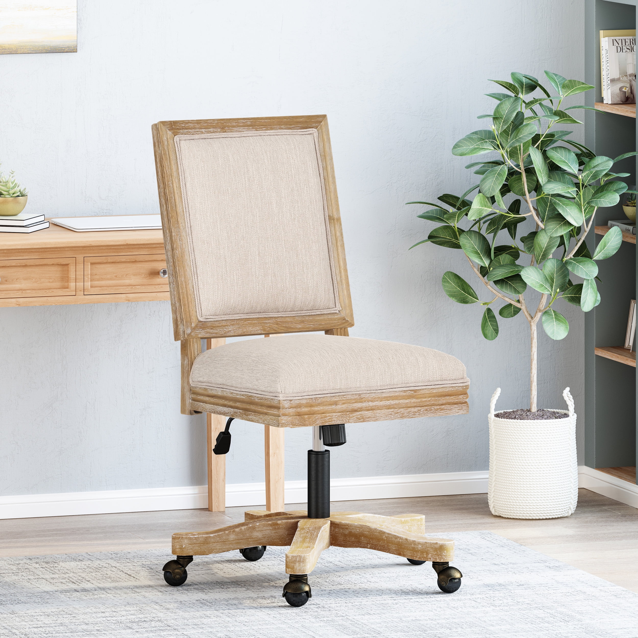 Swivel&Lift Office Chair,Beige+Natural Fabric Furniture Primary Living Space Display Shelving Etageres