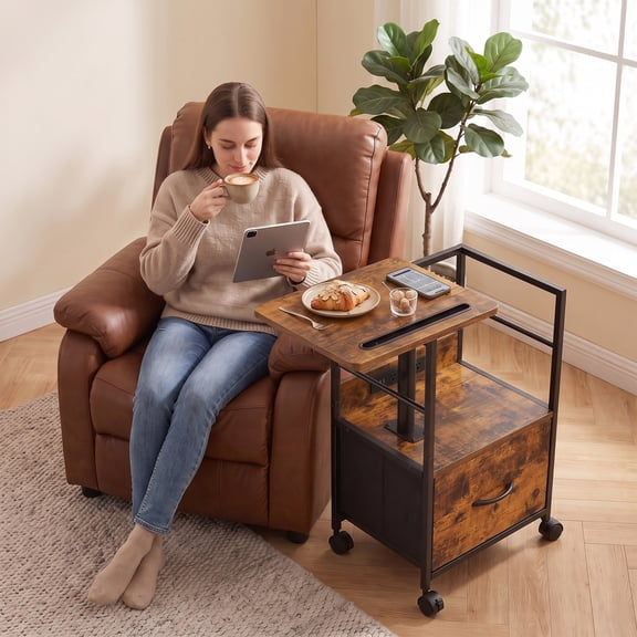 Swivel Lift-Top Bedside Table with USB Charging Station & Wheels – Compact Rolling Bedside Table for Bedroom, Chair or Desk, Brown