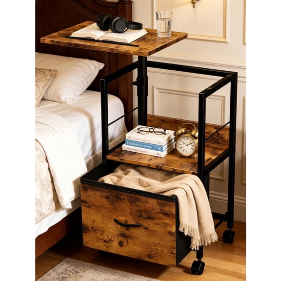 Swivel Lift Top Nightstand, 2-Tier 360 Adjustable Bedside Table, Rolling Night Stand with Wheels, Small End Table with Fabric Drawer, for Bedroom, Living Room, Rustic Brown