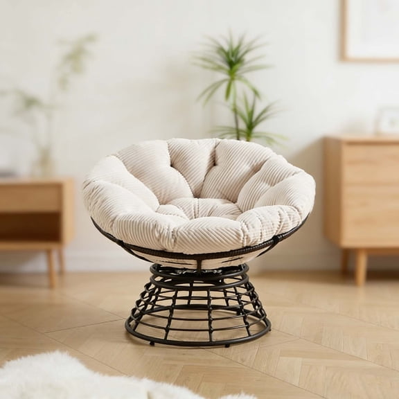 Swivel Lounge Chair, Thick Corduroy Padded Round Chair with Rotating Metal Base, Ideal for Bedroom Living Room