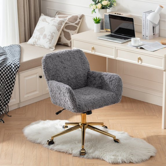 Swivel Makeup Desk Chair, Modern Leisure Armchair with Plush Fabric and Gold Metal Base, Fuzzy Height Adjustable Chair for Makeup Room, Living Room, Bedroom