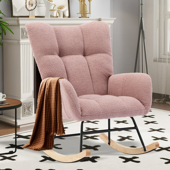 SENCHO GINSYTALIOR Nursery Rocking Chair Teddy Upholstered Glider Rocker,Rocking Accent Chair Padded Seat with High Backrest ,Solid Wood Legs for Nursery Bedroom Living Room(Pink)