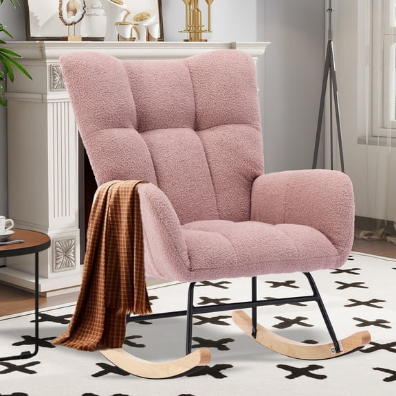 SENCHO GINSYTALIOR Nursery Rocking Chair Teddy Upholstered Glider Rocker,Rocking Accent Chair Padded Seat with High Backrest ,Solid Wood Legs for Nursery Bedroom Living Room(Pink)