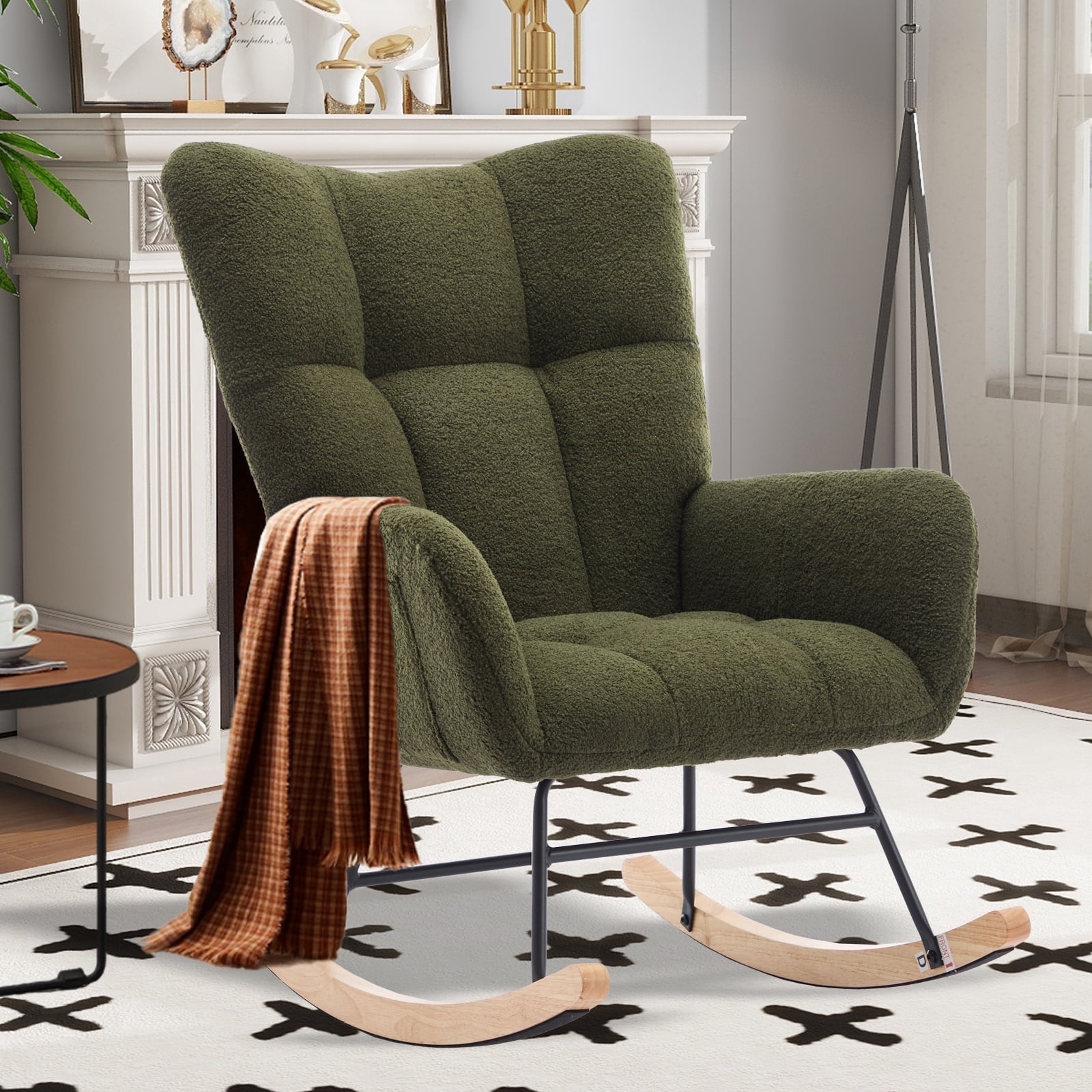 SENCHO GINSYTALIOR Nursery Rocking Chair Teddy Upholstered Glider Rocker,Rocking Accent Chair Padded Seat with High Backrest ,Solid Wood Legs for Nursery Bedroom Living Room(Dark Green）