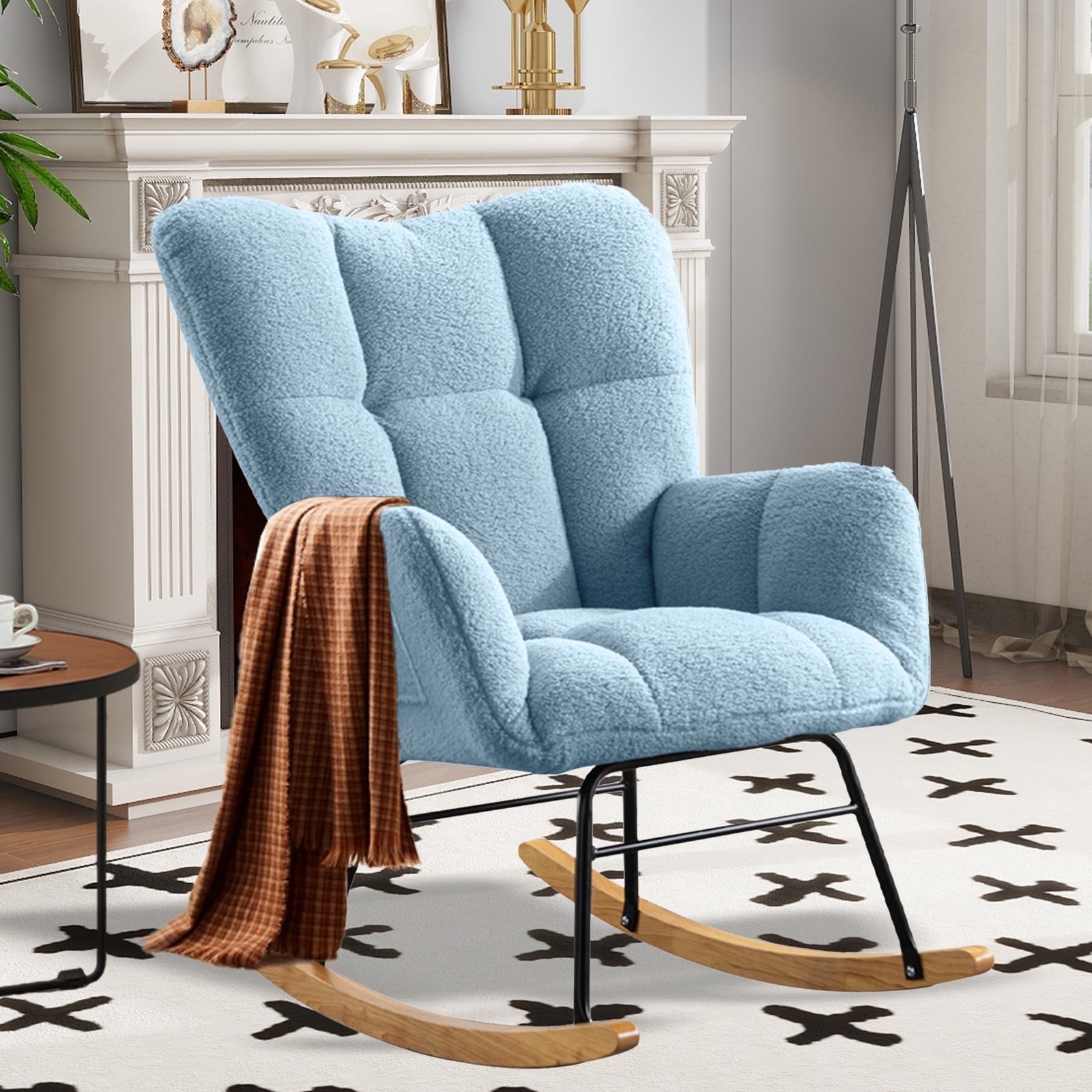 SENCHO GINSYTALIOR Nursery Rocking Chair Teddy Upholstered Glider Rocker,Rocking Accent Chair Padded Seat with High Backrest ,Solid Wood Legs for Nursery Bedroom Living Room(Blue）