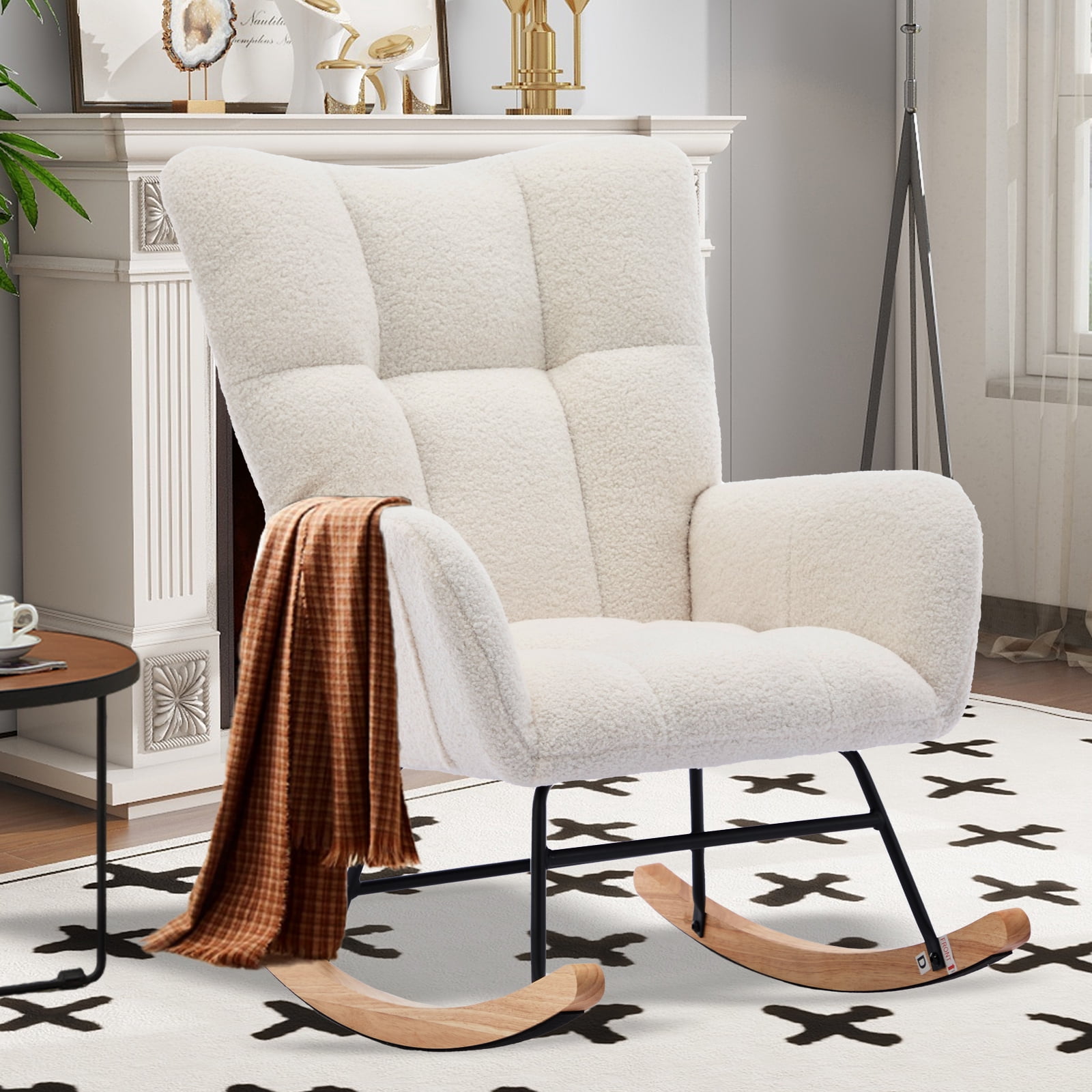 SENCHO GINSYTALIOR Nursery Rocking Chair Teddy Upholstered Glider Rocker,Rocking Accent Chair Padded Seat with High Backrest ,Solid Wood Legs for Nursery Bedroom Living Room