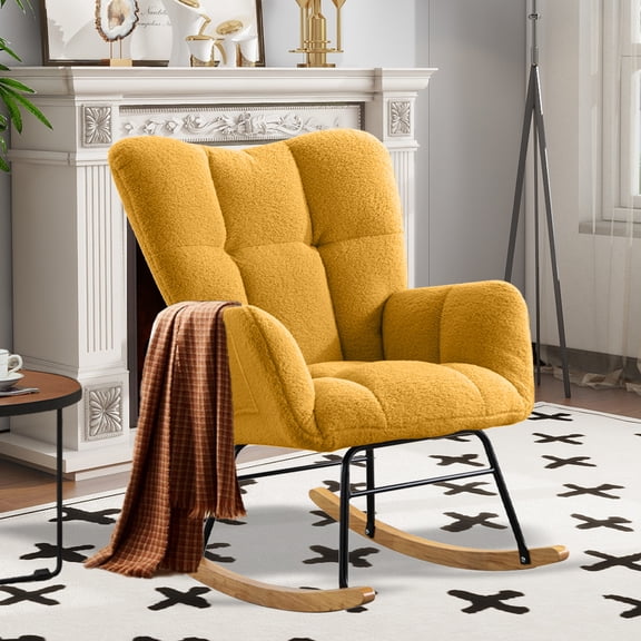 SENCHO GINSYTALIOR Nursery Rocking Chair Teddy Upholstered Glider Rocker,Rocking Accent Chair Padded Seat with High Backrest ,Solid Wood Legs for Nursery Bedroom Living Room(Yellow）