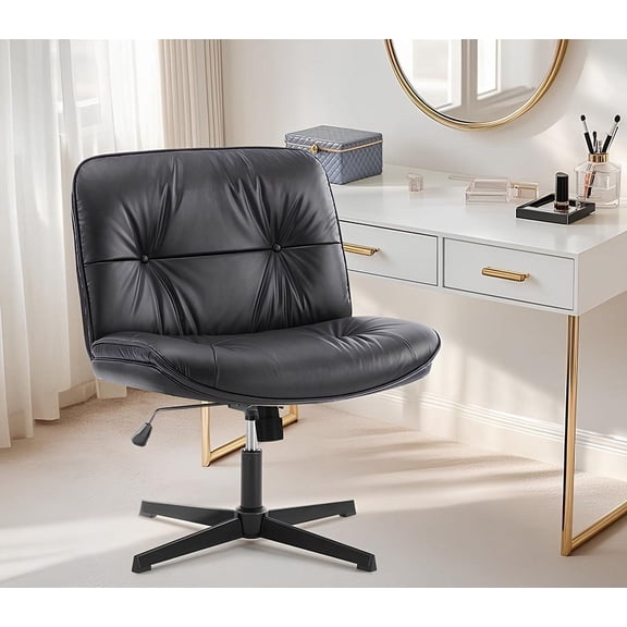 Swivel Office Chair, Armless Computer Chair, Sturdy Criss-Cross Base, Adjustable Height, PU Leather Wide Seat, Black