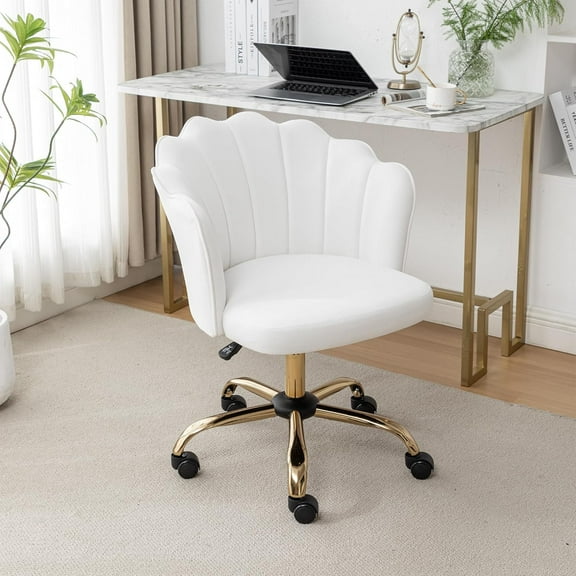 Swivel Office Chair, Modern Home Office Desk Chair, Velvet Shell Back Vanity Chair with Golden Metal Base, Height Adjustable Upholstered Cute Task Chair, Ivory