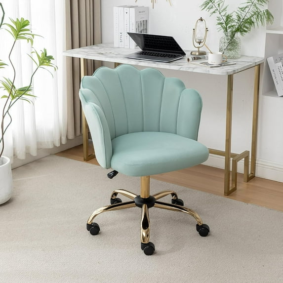 Swivel Office Chair, Modern Home Office Desk Chair, Velvet Shell Back Vanity Chair with Golden Metal Base, Height Adjustable Upholstered Cute Task Chair, Sage