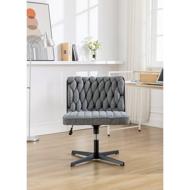 Swivel Office Chair No Wheels Velvet Upholstered Armless Office Desk Chair with Height Adjustable Wide Seat and Woven Backrest Ergonomic Computer