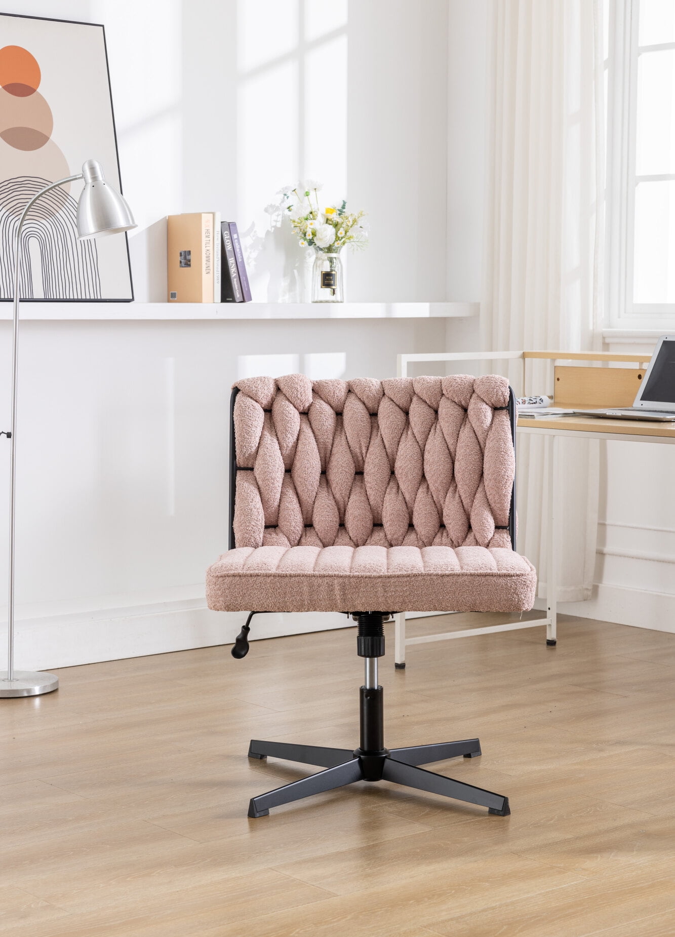 Swivel Office Chair No Wheels, Velvet Upholstered Armless Office Desk