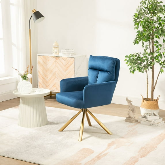 Swivel Office Chair, Velvet Upholstered Computer Chair with Thick Seat Cushion, Comfy Vanity Chair Reading Chair Single Sofa Chair Living Room Chairs with Gold Metal Legs Support, Dark Blue