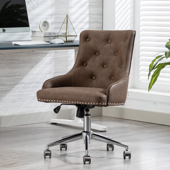 Swivel Office Chair, PU Leather Vanity Chair, Modern Button-tufted Accent Chair, Height Adjustable Task Chair, Comfort Upholstered Chair with Soft Back, for Home, Office, Study, Brown, D5803