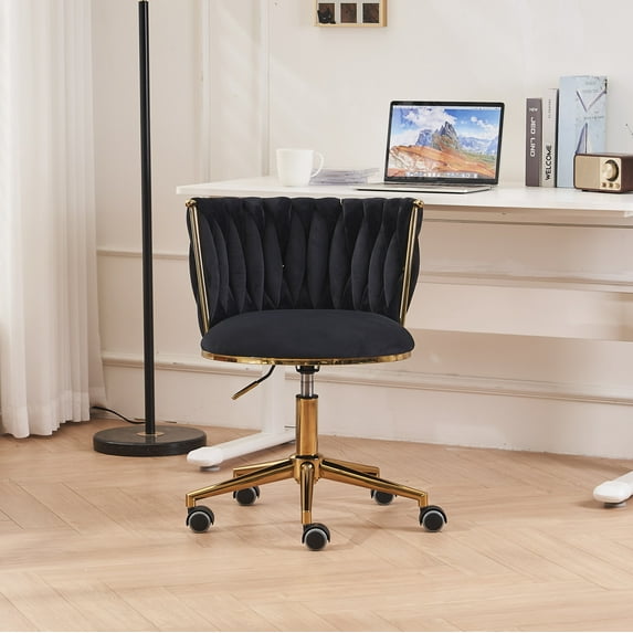 Swivel Office Chair with Wheels, Velvet Upholstered Height Adjustable Computer Chair with Woven Tufted Back & Golden Metal Legs, Swivel Desk Chair for Living Room, Bedroom, Office, Black