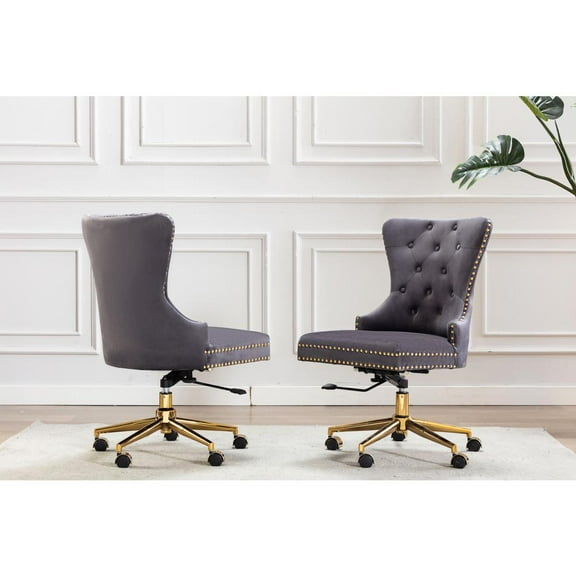 Swivel Office Chair in Dark Gray Velvet with Gold Chrome and Tufted Seat Back