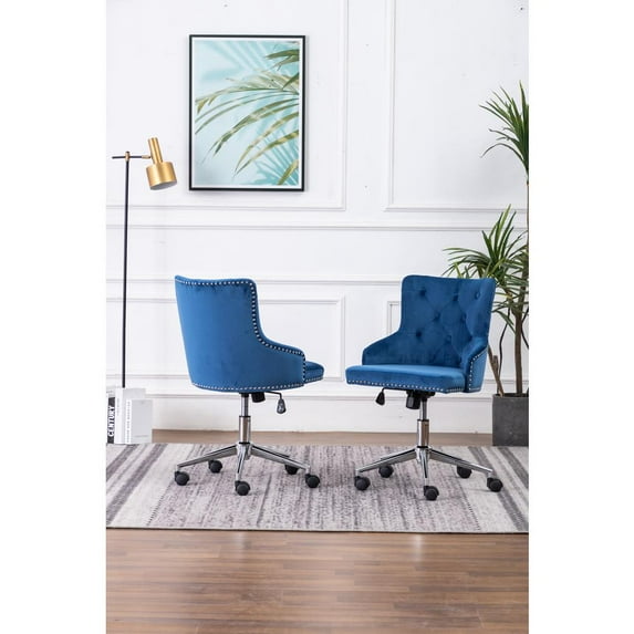 Swivel Office Chair in Navy Blue Velvet with Stainless Steel and Tufted Seat