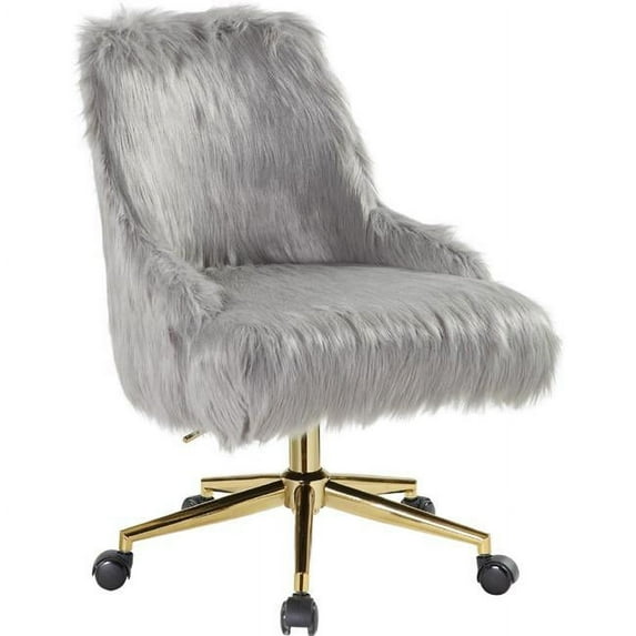 Swivel Office Chair with Faux Fur Fabric, Gray & Gold