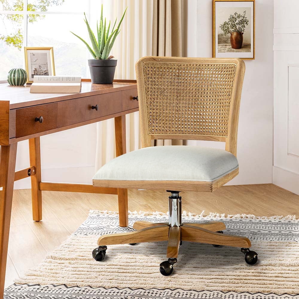 Adjustable Swivel Office Chair with Wheels Wooden Rattan Back Beige for Living Room Walmart