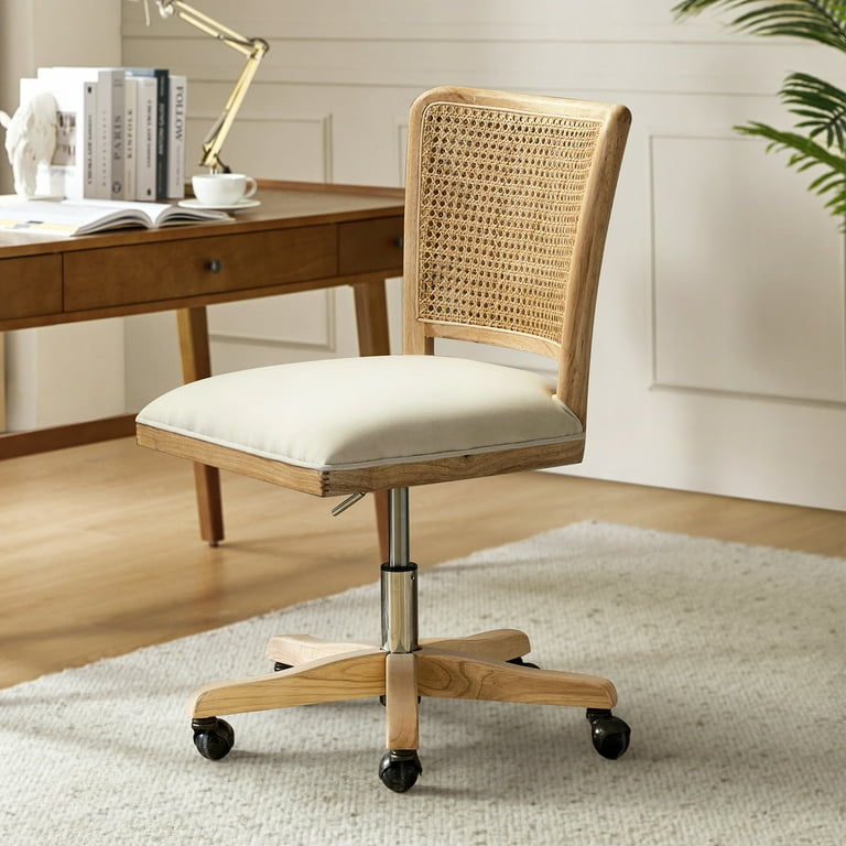 Stylish Swivel Office Chair with Rattan Back Cute Desk Accent