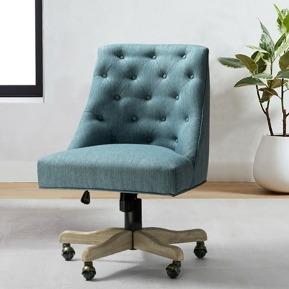 Swivel Office Chair with Tuft Back, Modern Armless Task Chair with Solid Wood Five-Pronged Base Blue